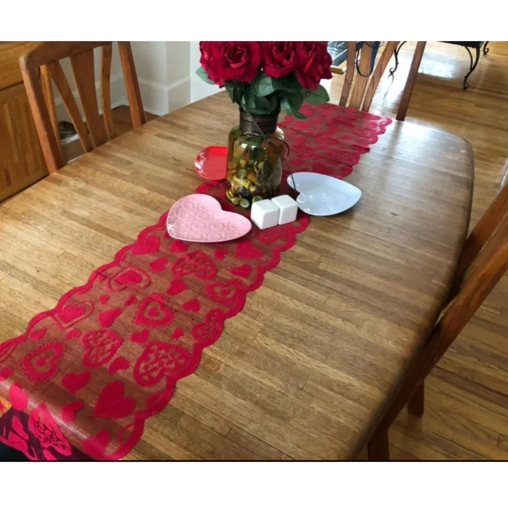Valentines Day Table Runner Lace Heart Decorative Cloth Farmhouse Cottage Decor